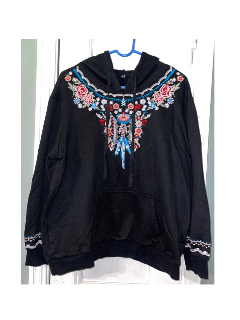 Black Hoodie with Floral & Feather Embroidery